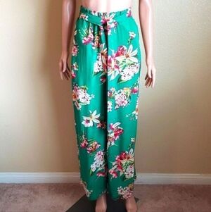 Express Green Floral Extreme High Rise Wide-Leg Tie-Waist Pants